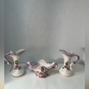 Vintage Iridescent Lusterware Ceramic‎ 3 Piece Vanity Set Rose Floral Vases Bowl
